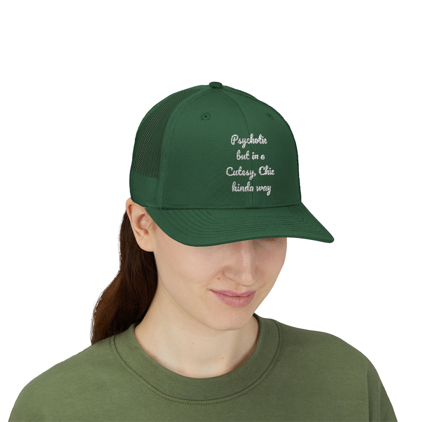 Snapback Trucker Cap — “Psychotic but in a Cutesy, Chic Kinda Way” Embroidered Mesh Hat