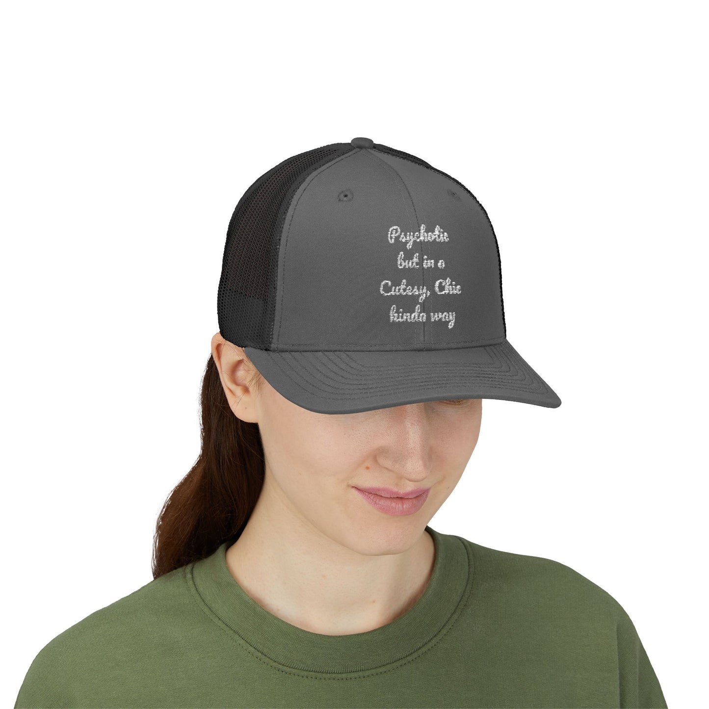 Snapback Trucker Cap — “Psychotic but in a Cutesy, Chic Kinda Way” Embroidered Mesh Hat