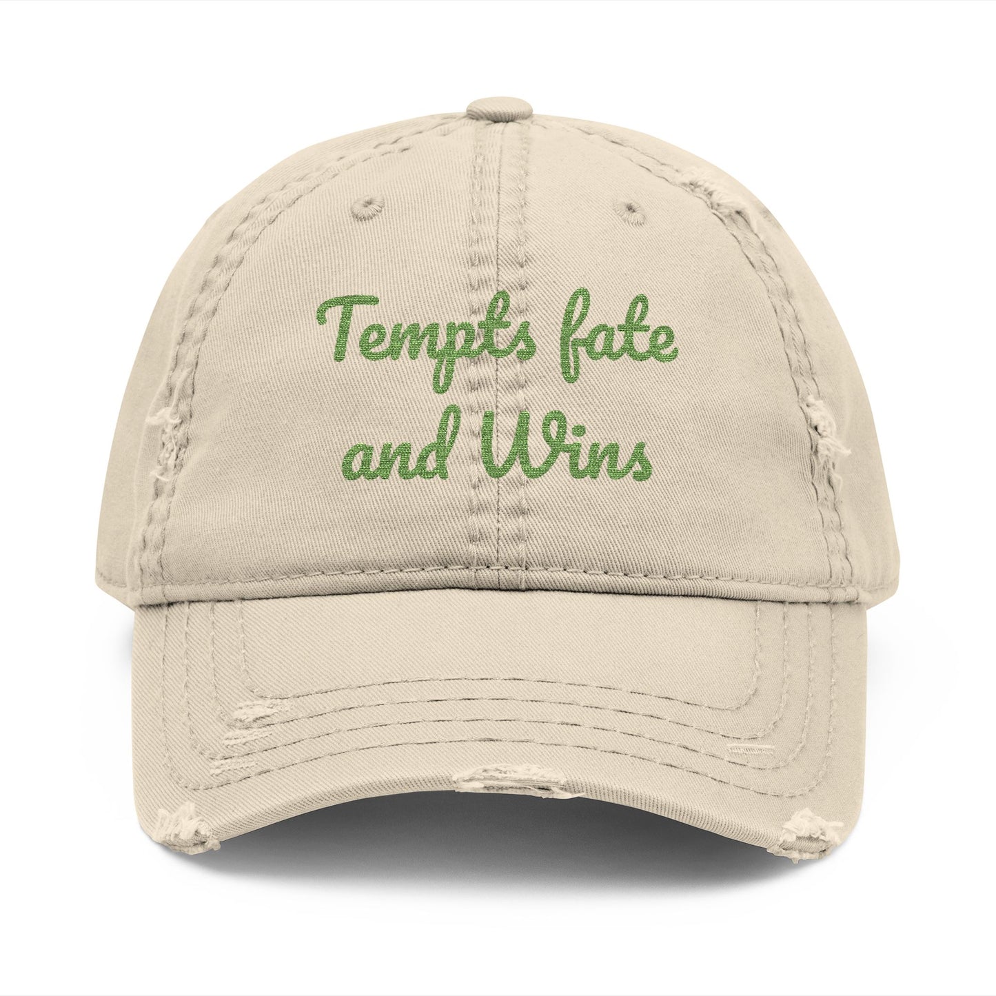 Embroidered Distressed Dad Hat — "Tempts Fate and Wins" Vintage Baseball Cap