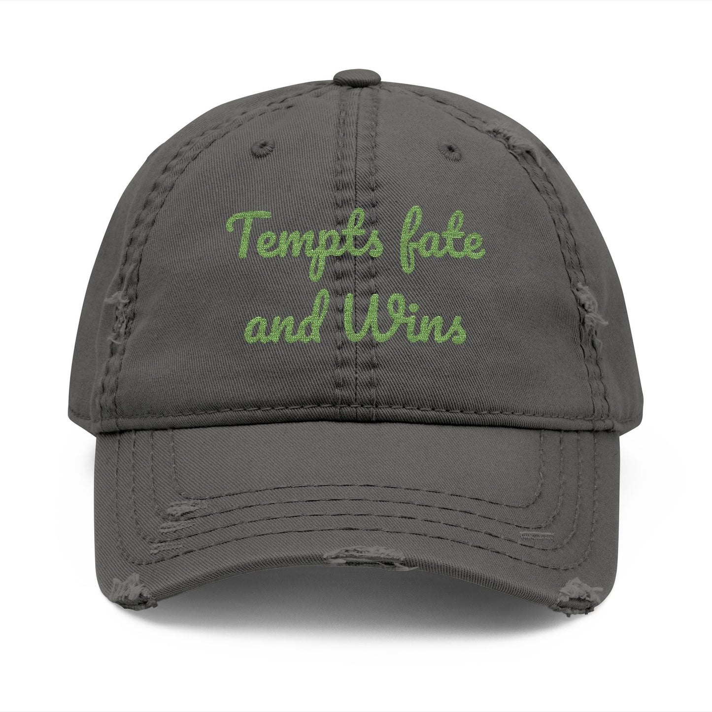Embroidered Distressed Dad Hat — "Tempts Fate and Wins" Vintage Baseball Cap