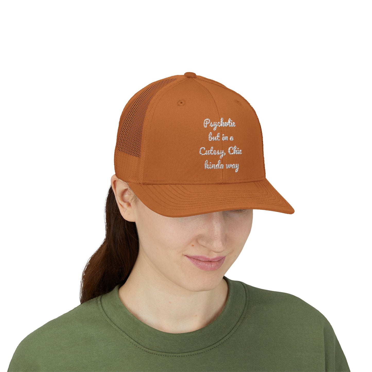 Snapback Trucker Cap — “Psychotic but in a Cutesy, Chic Kinda Way” Embroidered Mesh Hat