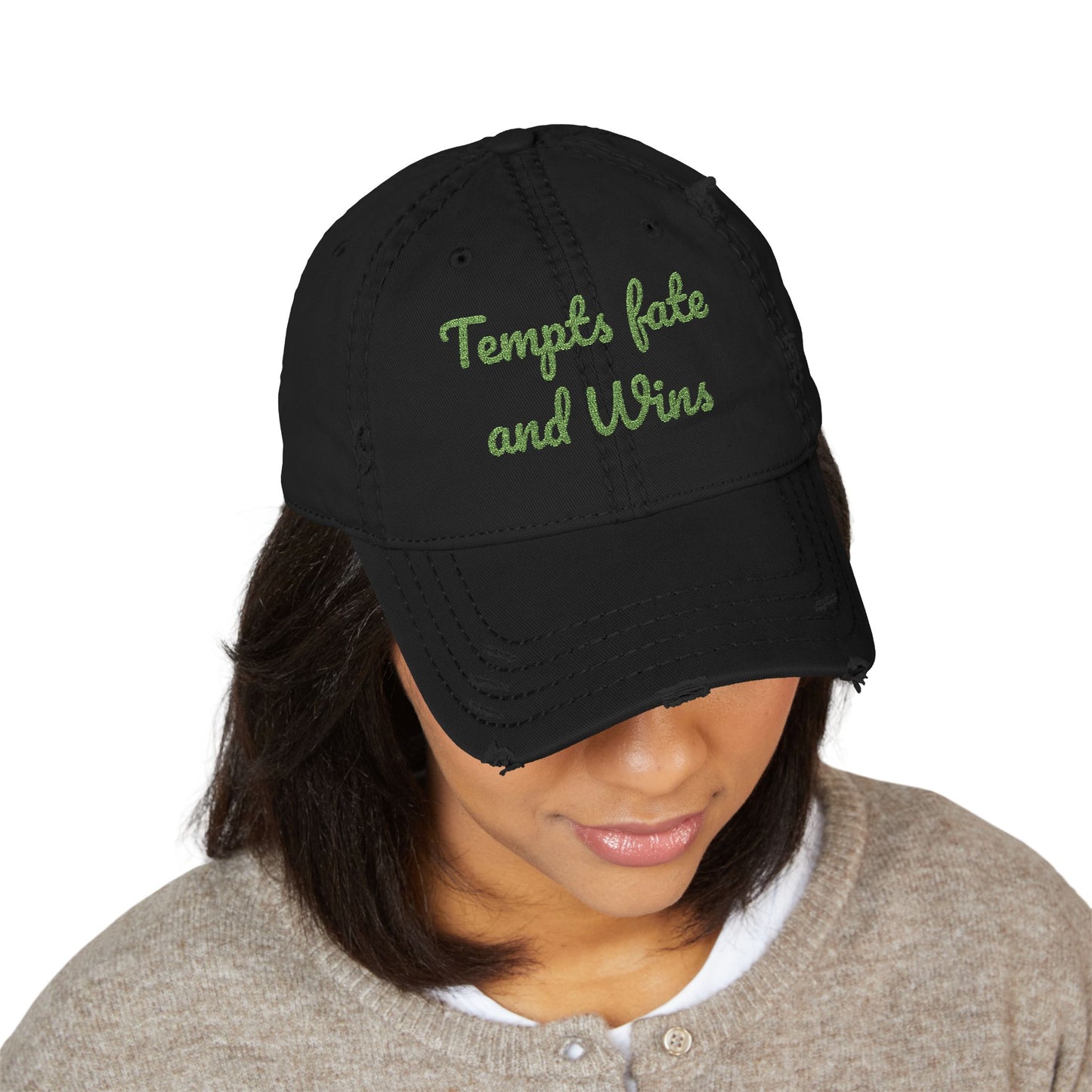 Embroidered Distressed Dad Hat — "Tempts Fate and Wins" Vintage Baseball Cap