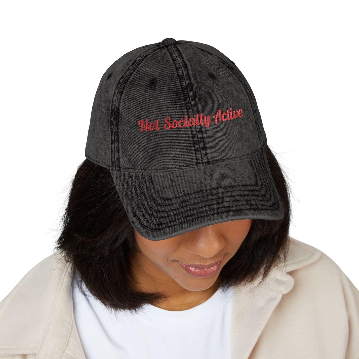 Vintage Embroidered Cap — "Not Socially Active" Distressed Dad Hat