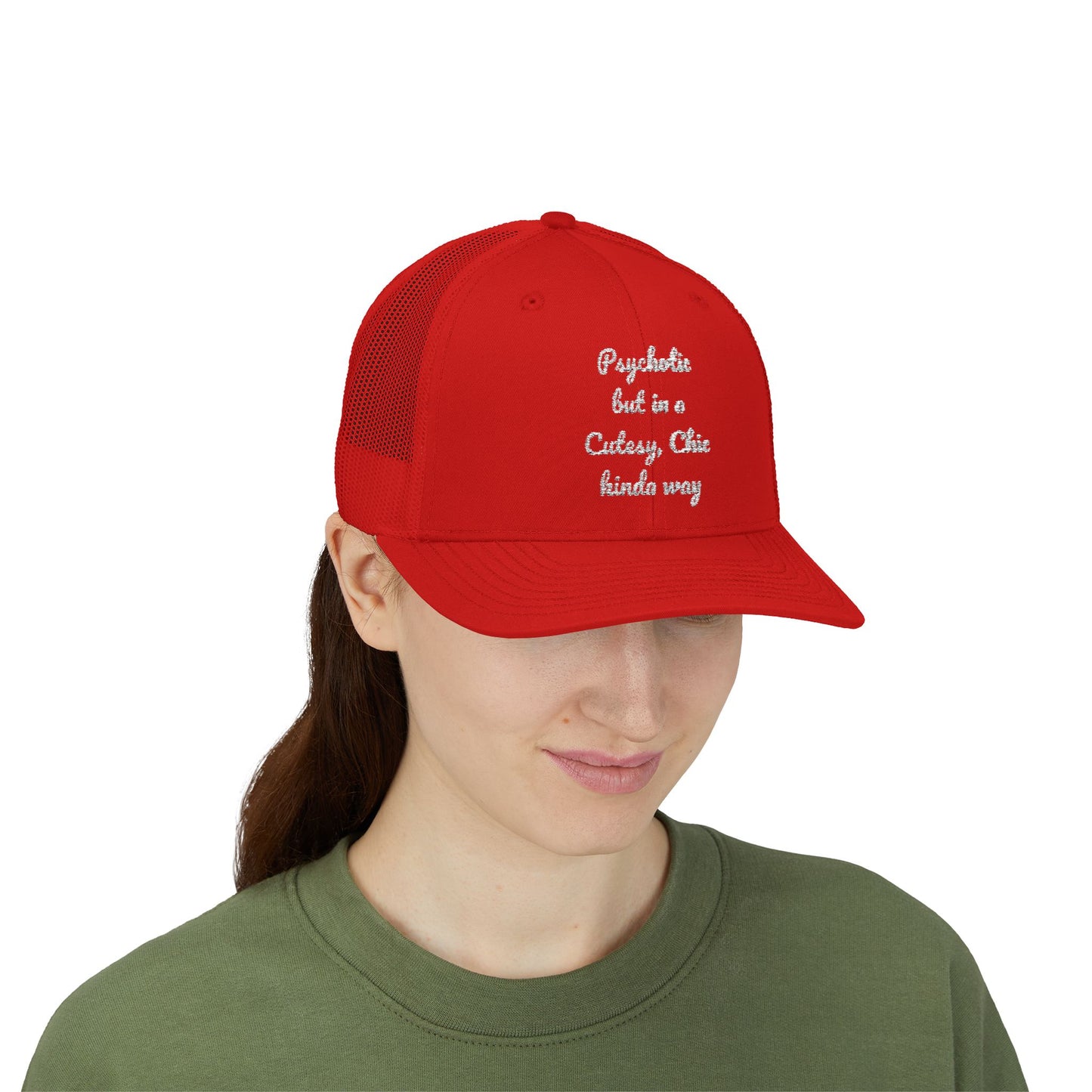 Snapback Trucker Cap — “Psychotic but in a Cutesy, Chic Kinda Way” Embroidered Mesh Hat