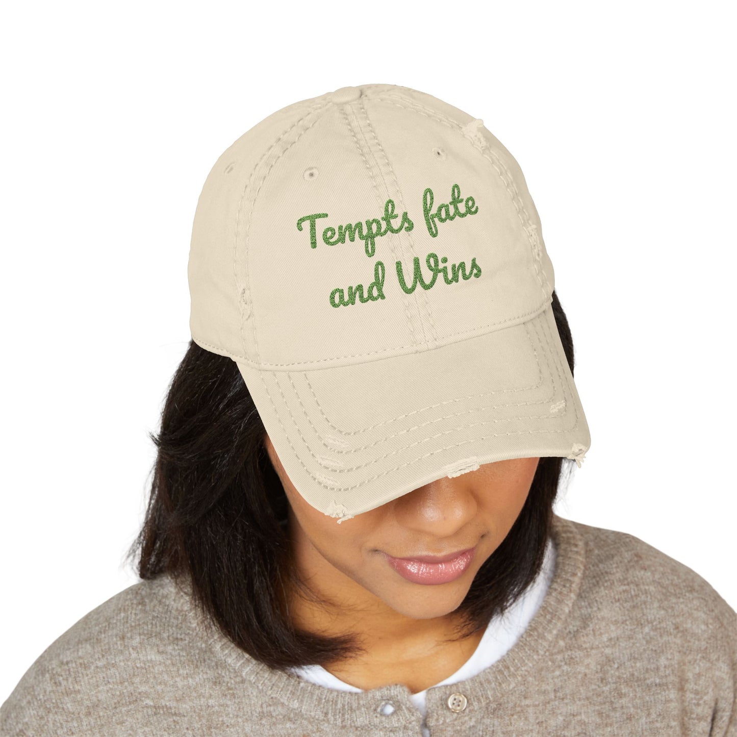 Embroidered Distressed Dad Hat — "Tempts Fate and Wins" Vintage Baseball Cap