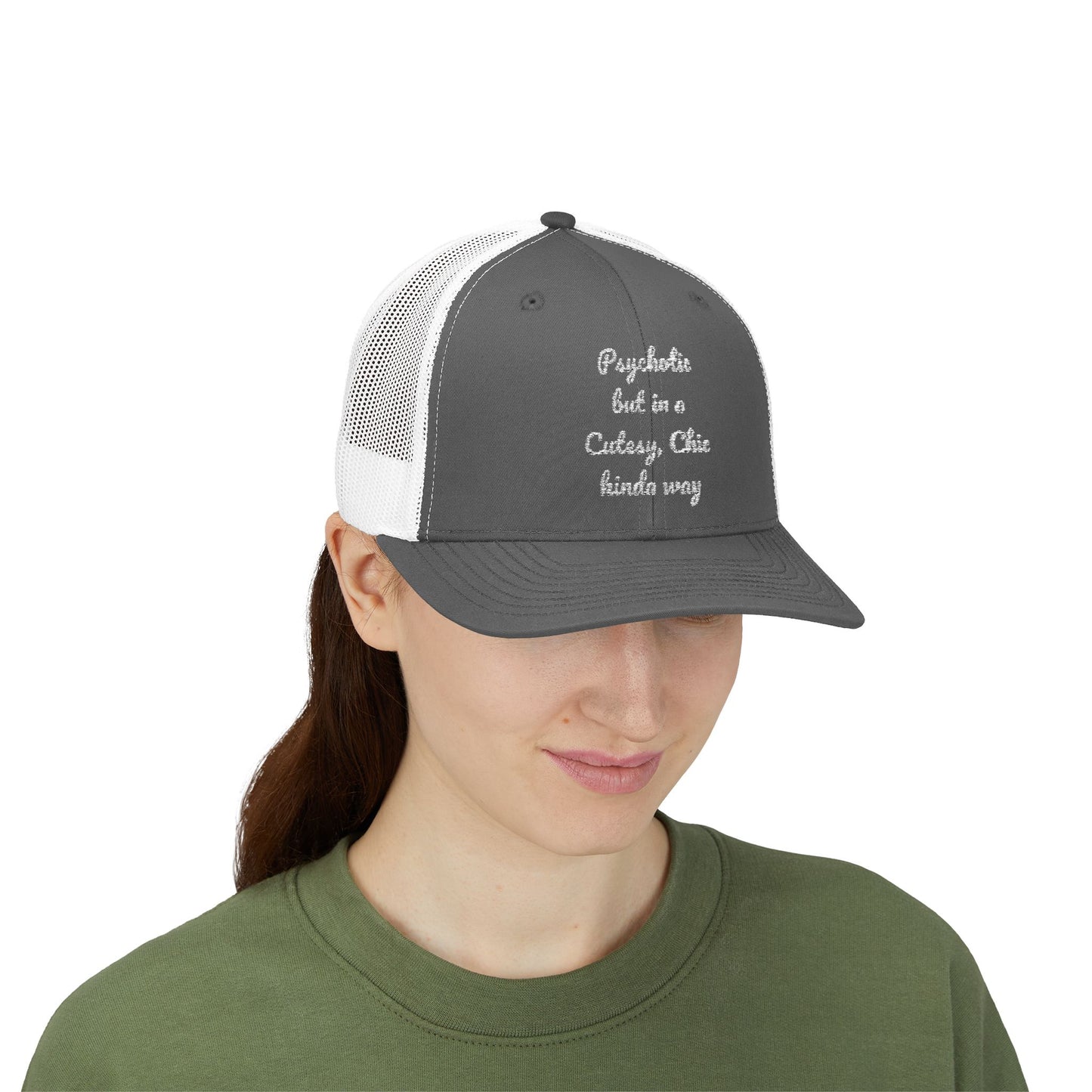Snapback Trucker Cap — “Psychotic but in a Cutesy, Chic Kinda Way” Embroidered Mesh Hat