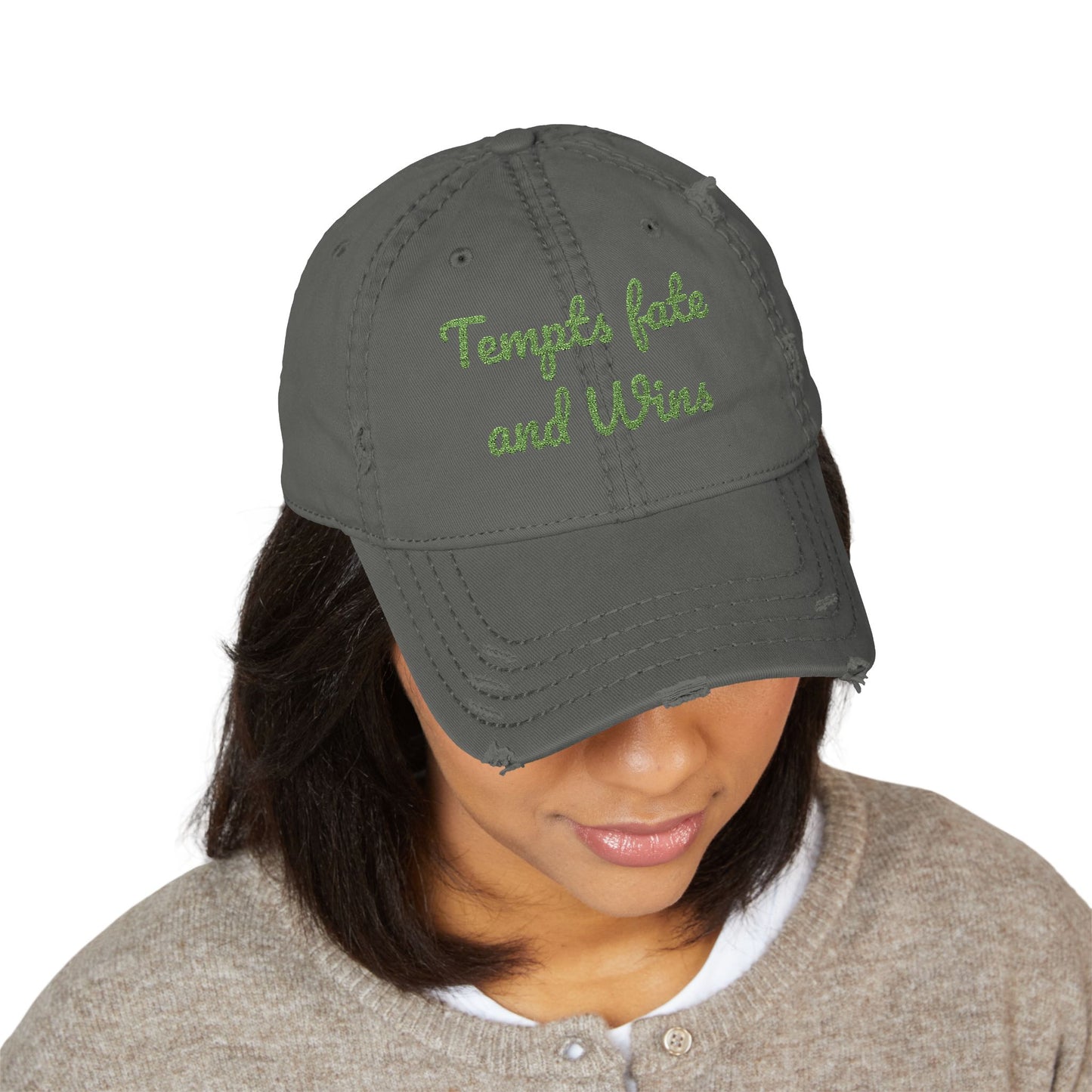 Embroidered Distressed Dad Hat — "Tempts Fate and Wins" Vintage Baseball Cap