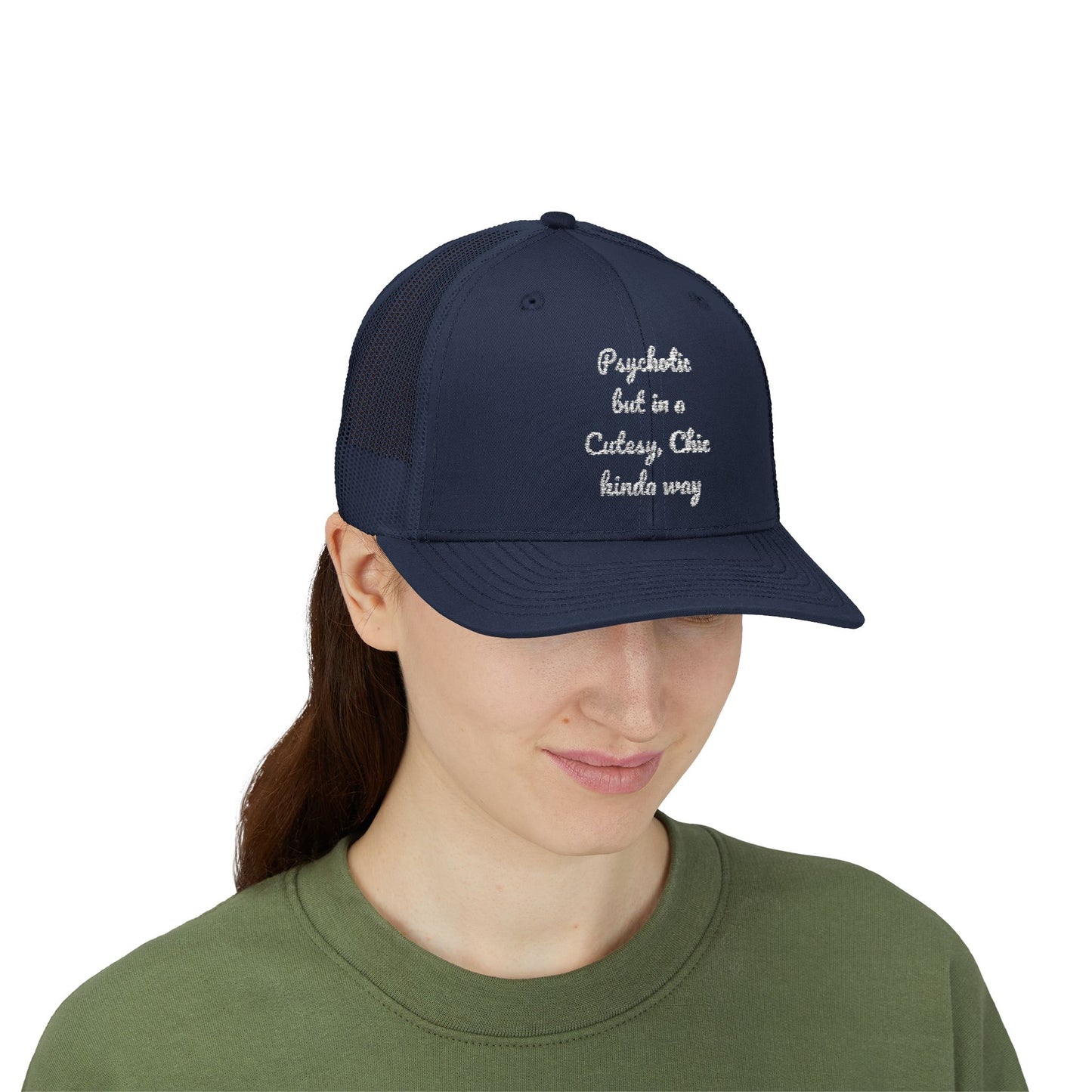 Snapback Trucker Cap — “Psychotic but in a Cutesy, Chic Kinda Way” Embroidered Mesh Hat